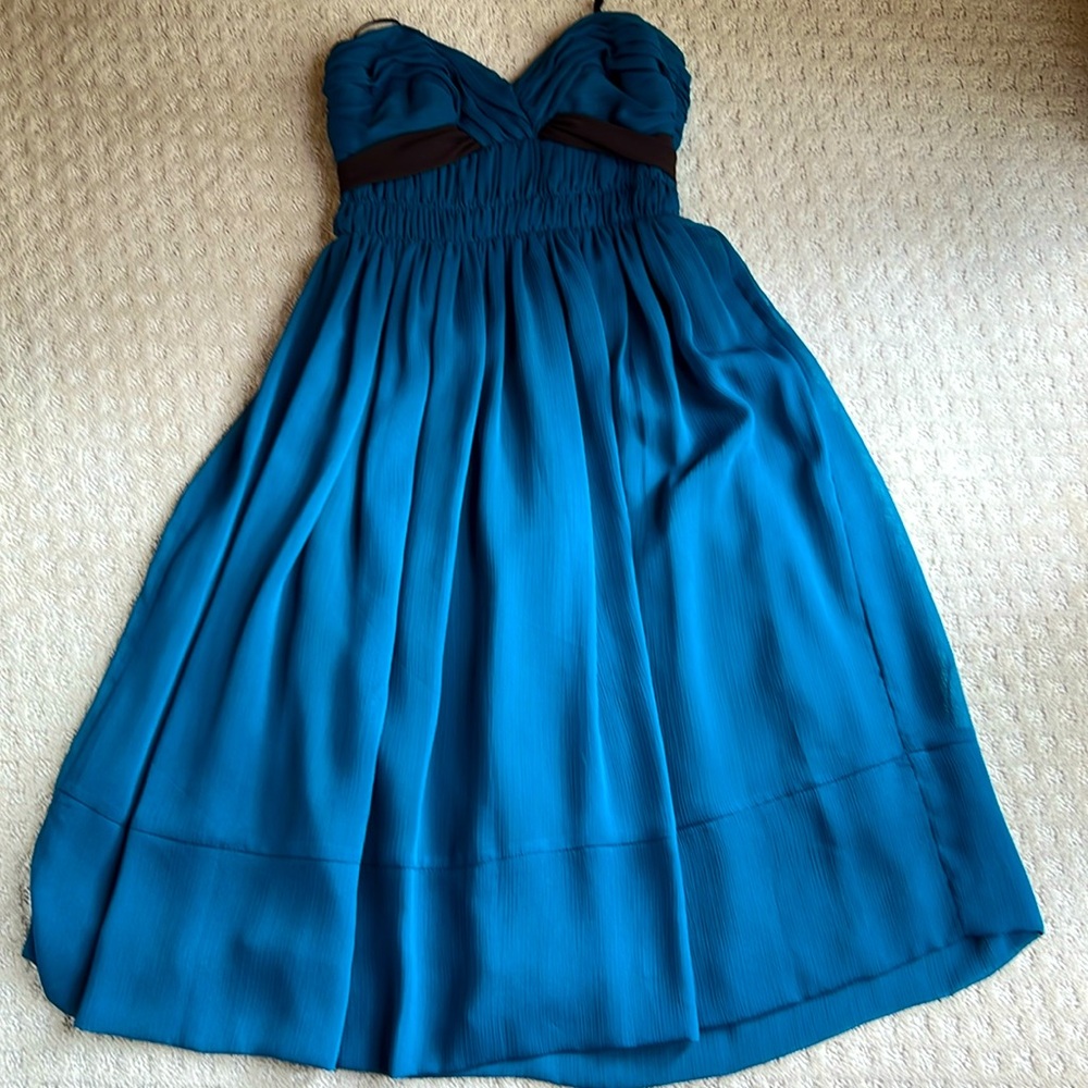 ABS strapless dress in peacock blue. Brown trim. Size 2.